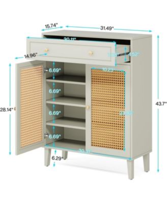 Shoe Cabinet with Doors and Drawer, Modern Shoe Storage Cabinet for Entryway, Rattan Wooden Shoe Organizer with Adjustable Shelf, Green