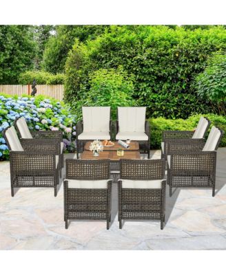 10PCS Patio Rattan Furniture Set Cushioned Sofa Armrest Wooden Tabletop