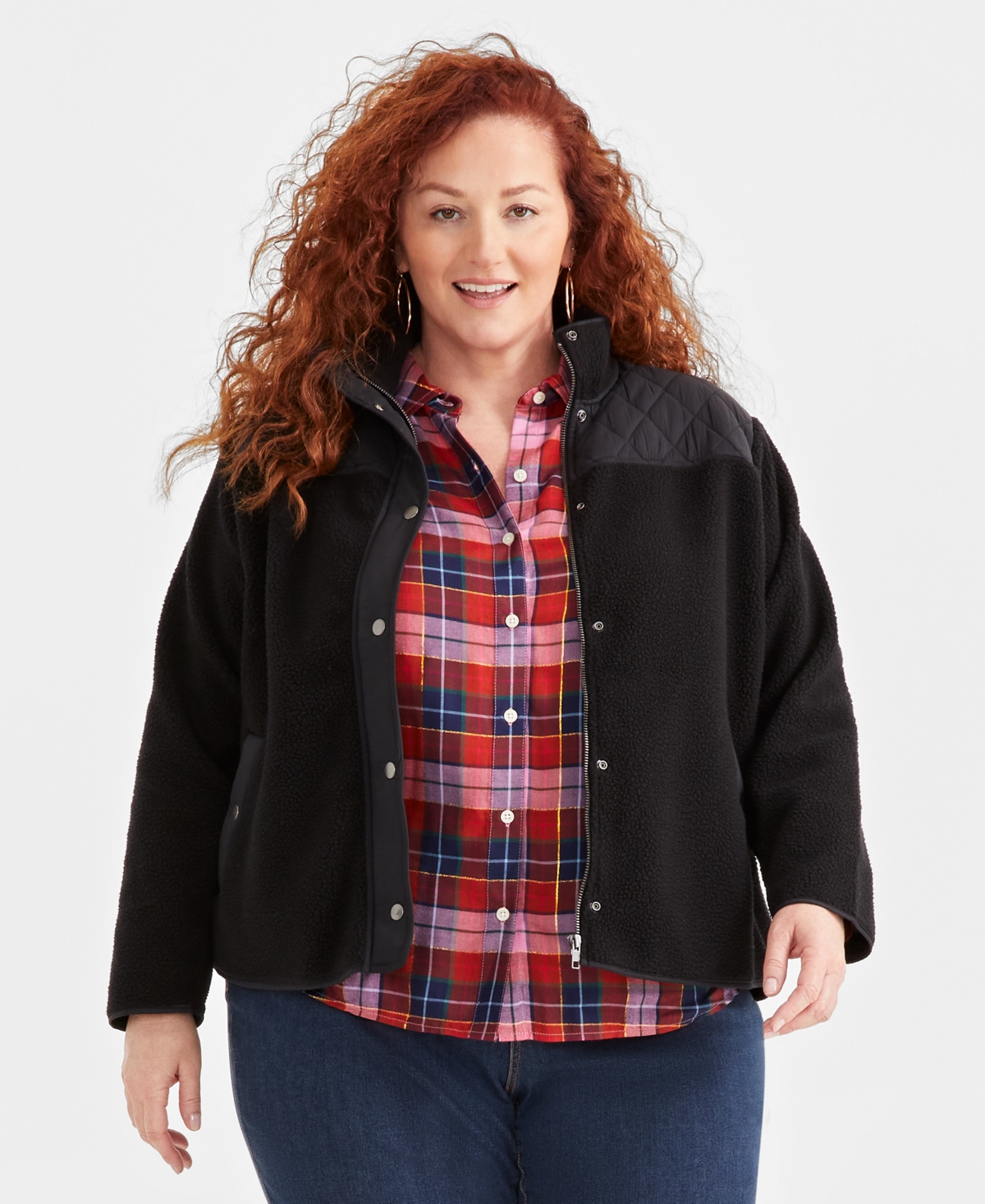 Style & Co Plus Size Quilted-yoke Sherpa Jacket, Created For Macy's In Deep Black