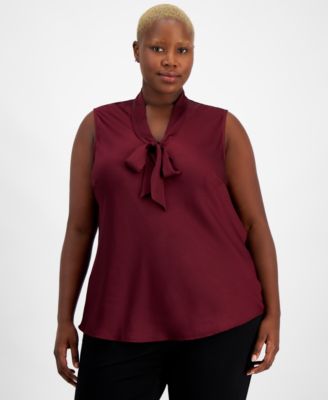 Kasper - Plus Size Solid Sleeveless Tie-Front Blouse