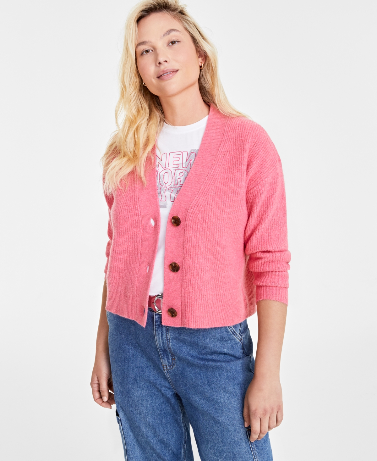 On 34th Women's Three-button Classic Cardigan, Created For Macy's In Strawberry Ice