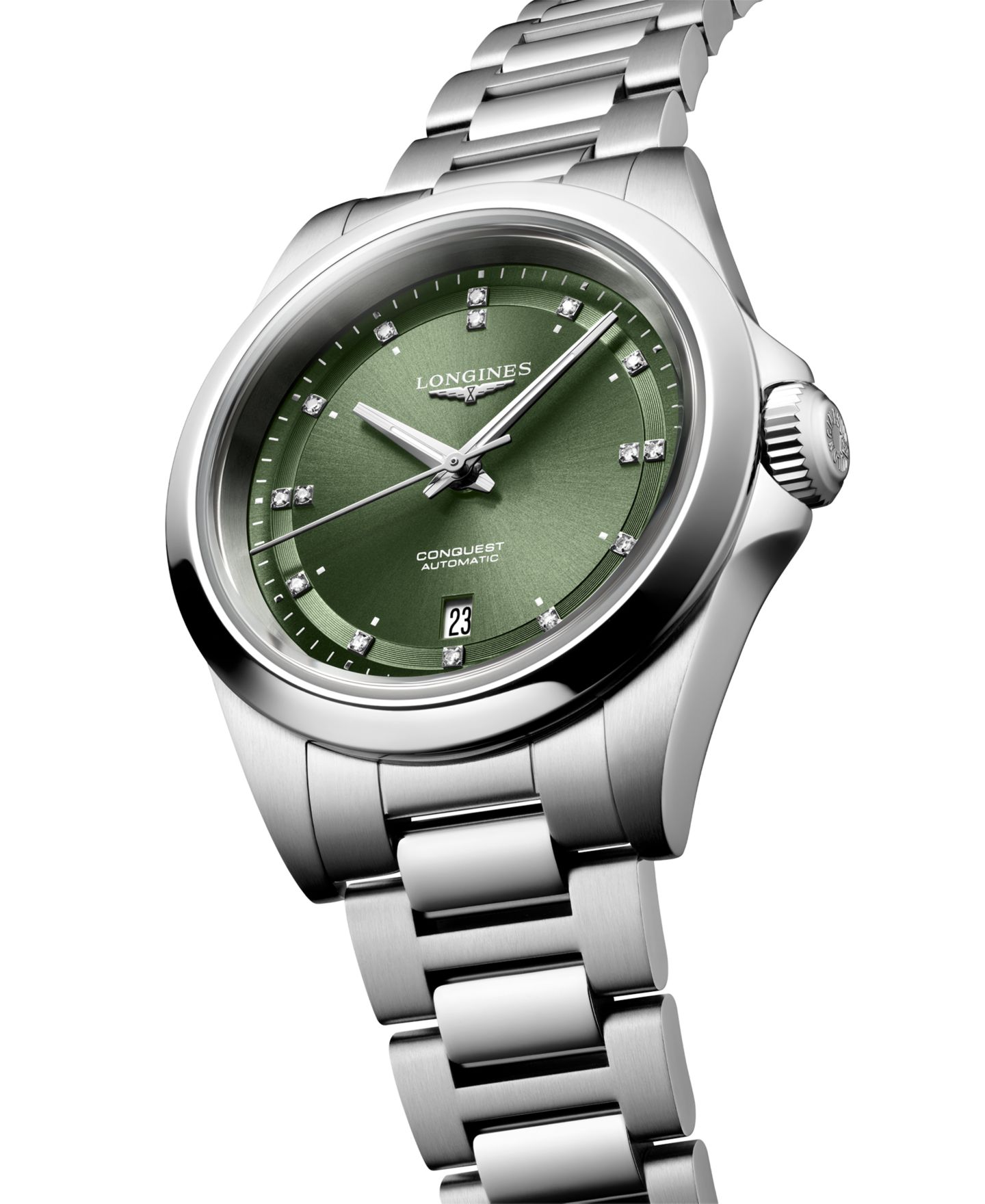 Женские часы Longines Swiss Automatic Conquest Diamond (1/20 ct. t.w.) Stainless Steel Bracelet Watch 30mm — фото 3