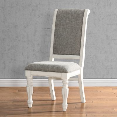 Antique White Solid Wood Upholstered Dining Chairs, Set of 2