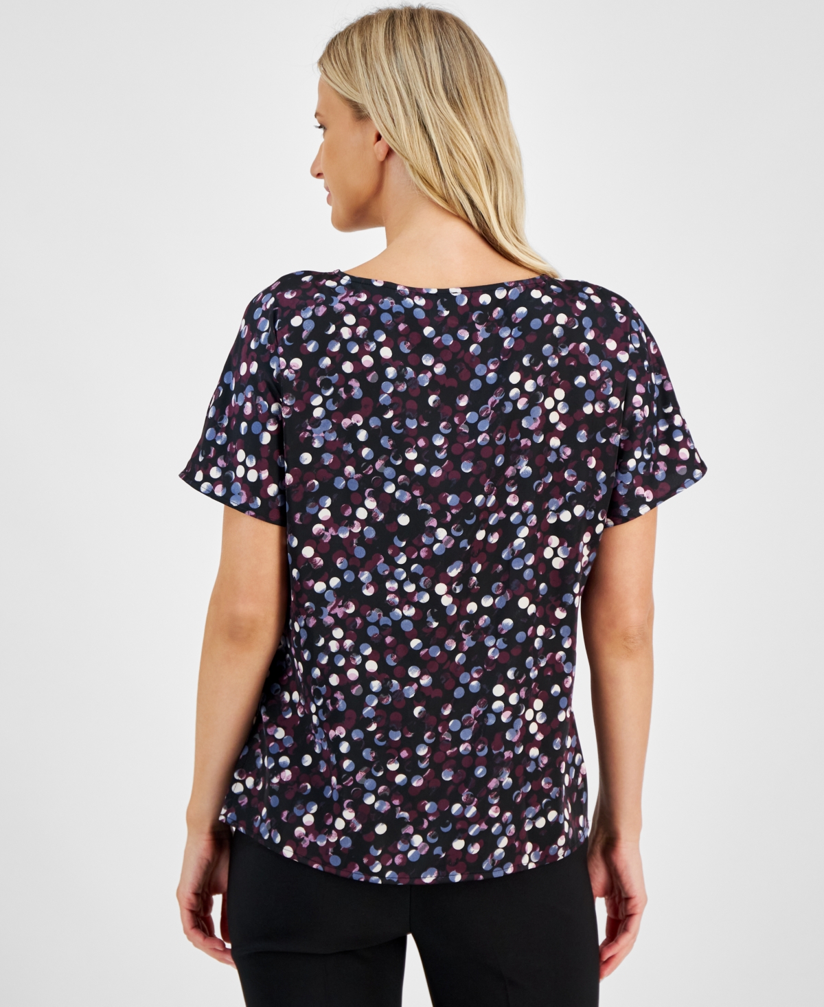 Anne Klein Women's Printed Dolman-Sleeve Side-Slit Top -DEEP PLUM