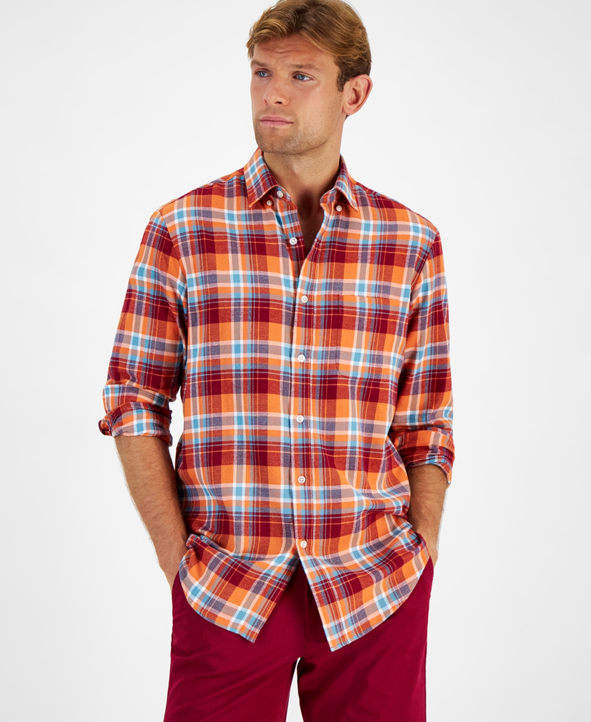 Men's Regular-Fit Plaid Flannel Shirt, Created for Macy's - Carrot Top