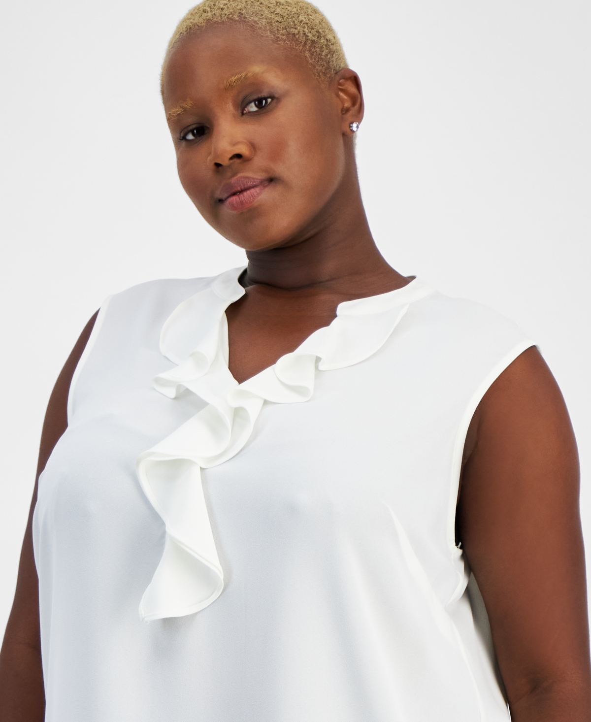 Kasper Plus Size Ruffled Sleeveless V-neck Top In Vanilla Ice