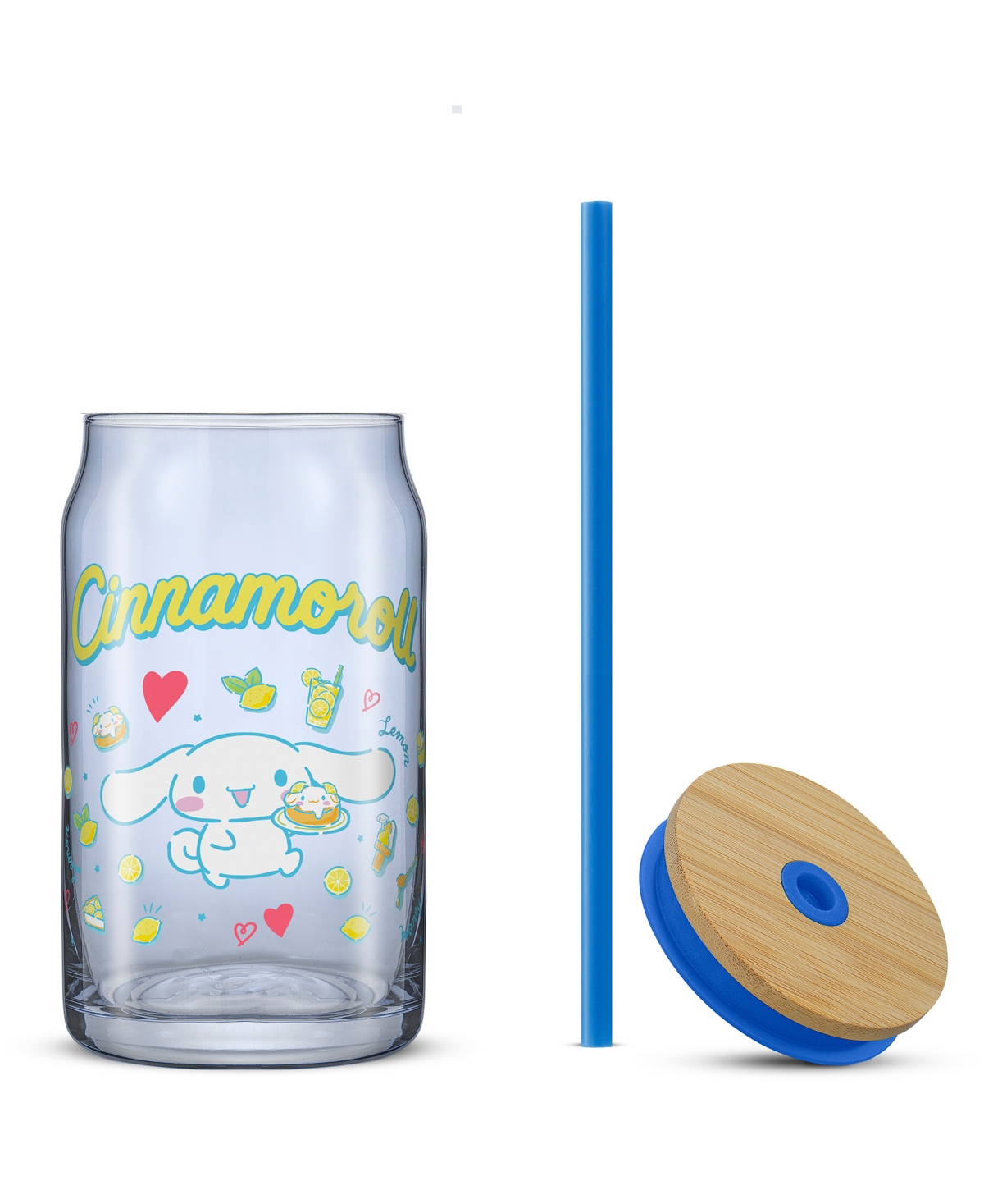 JOYJOLT HELLO KITTY AND FRIENDS FAVORITE FLAVOR CINNAMOROLL CAN SHAPED GLASS TUMBLER WITH WOOD LID AND STRAW 