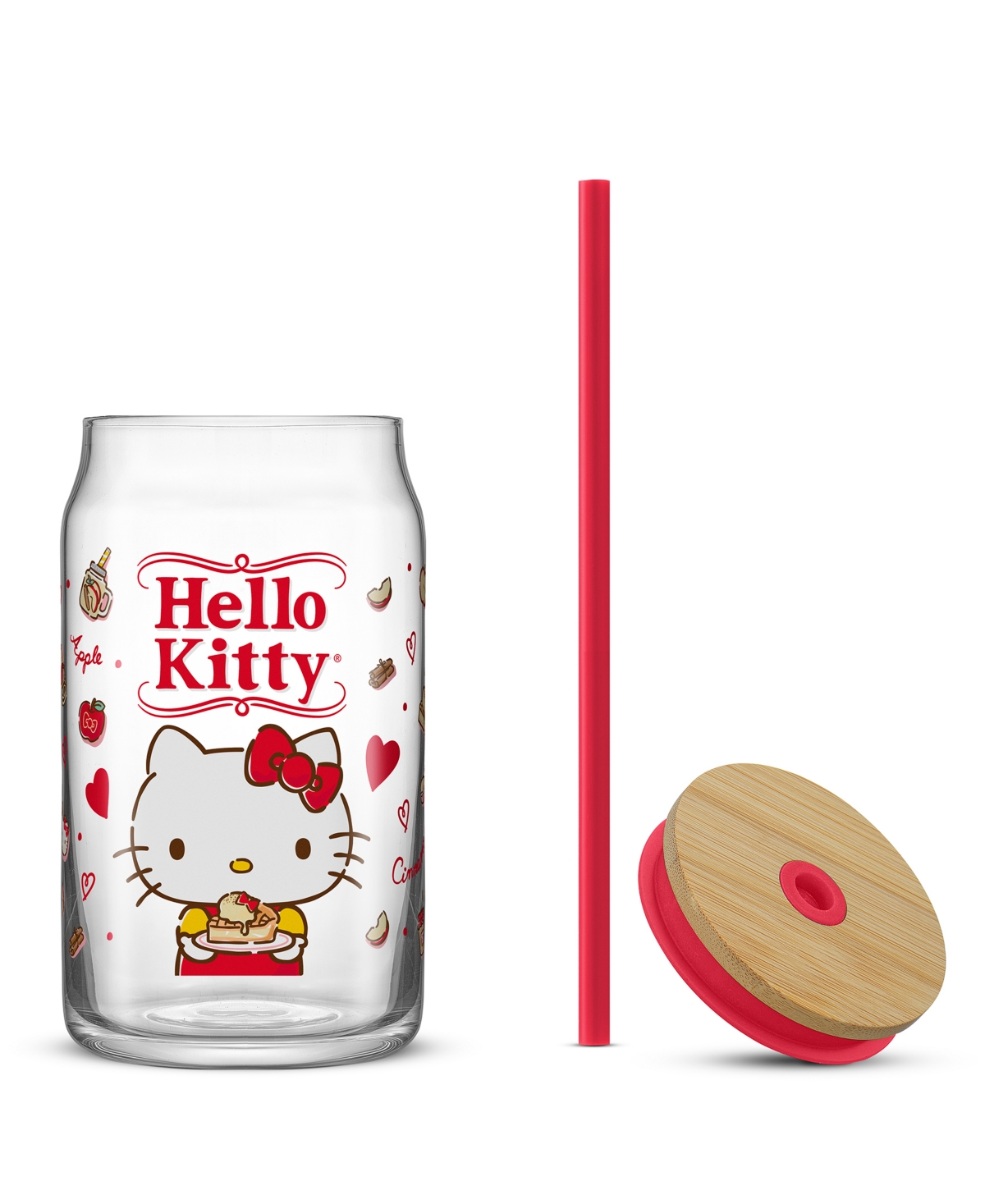 JOYJOLT HELLO KITTY AND FRIENDS FAVORITE FLAVOR HELLO KITTY CAN SHAPED GLASS TUMBLER WITH WOOD LID AND STRAW 