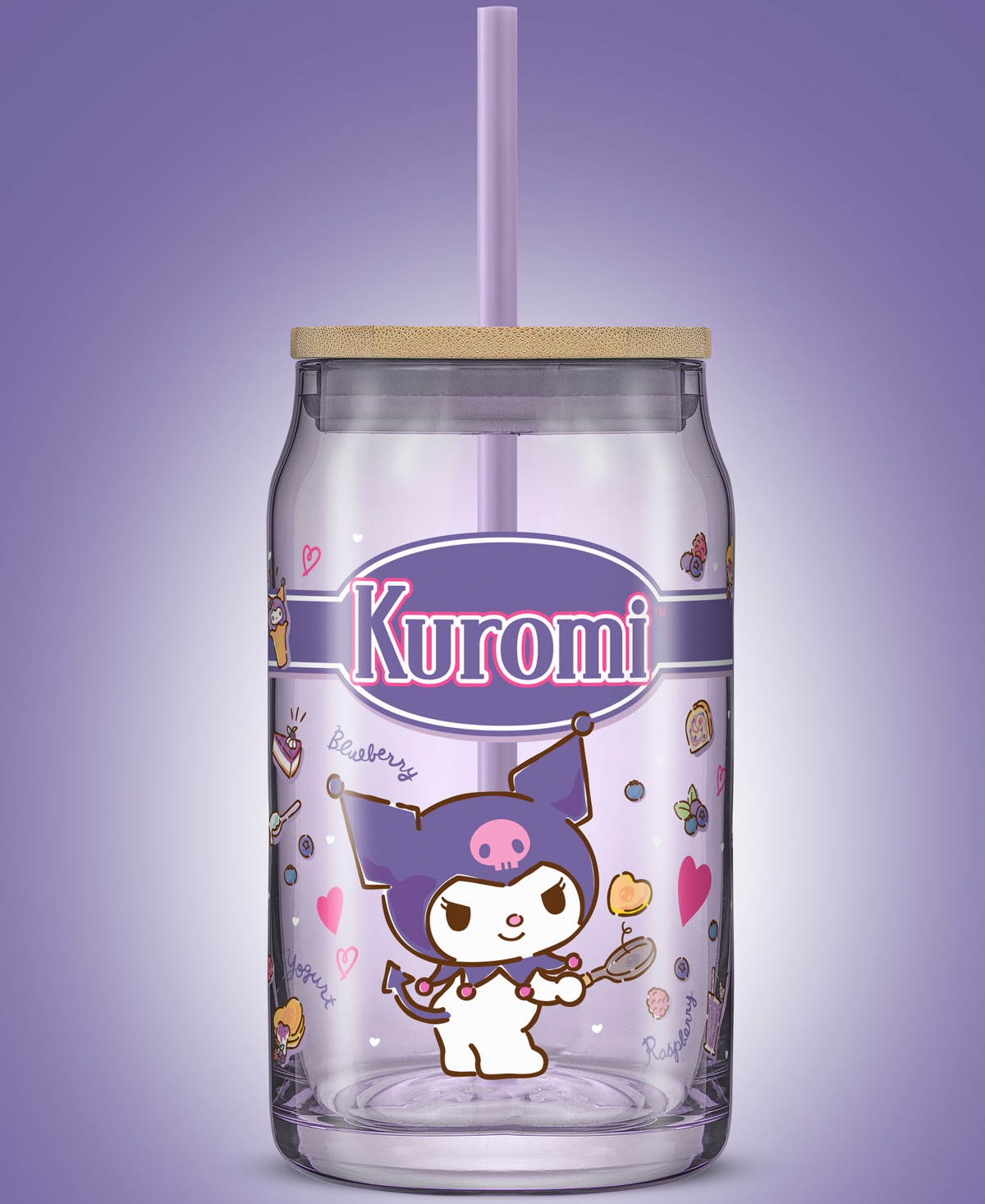 JOYJOLT HELLO KITTY AND FRIENDS FAVORITE FLAVOR KUROMI CAN SHAPED GLASS TUMBLER WITH WOOD LID AND STRAW 