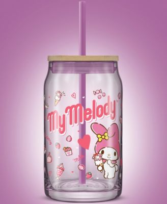 Hello Kitty and Friends Favorite Flavor My Melody Can Shaped Glass Tumbler with Wood Lid and Straw