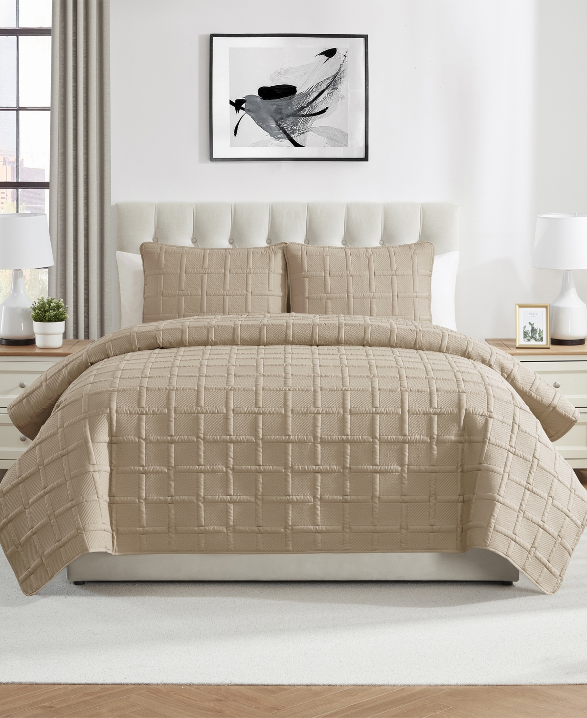 Vcny Home Solid Square 3-piece Quilt Set, King In Taupe