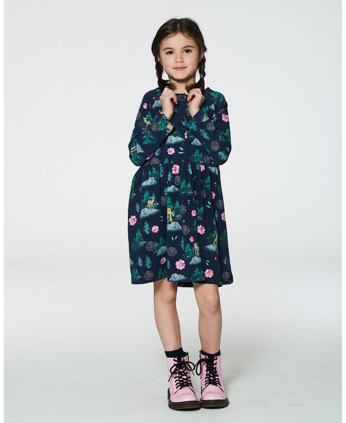 Deux par Deux Big Girls Jersey Long Sleeve Dress- Navy printed bambi