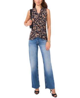 Women's Floral Crossover Wrap-Front Sleeveless Top