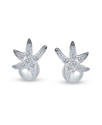 Nautical Round Simulated Pearl Starfish Pendant Necklace and Earrings Set Silver