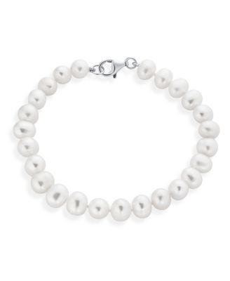 Classic Simple 7.5 8 Mm White Freshwater Cultured Pearl Hand Knotted Strand Bracelet Sterling Silver 7 Inch