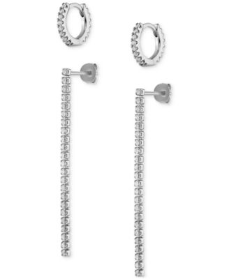 2-Pc. Set Cubic Zirconia Huggie Hoop & Linear Drop Earrings in Sterling Silver, Created for Macy's