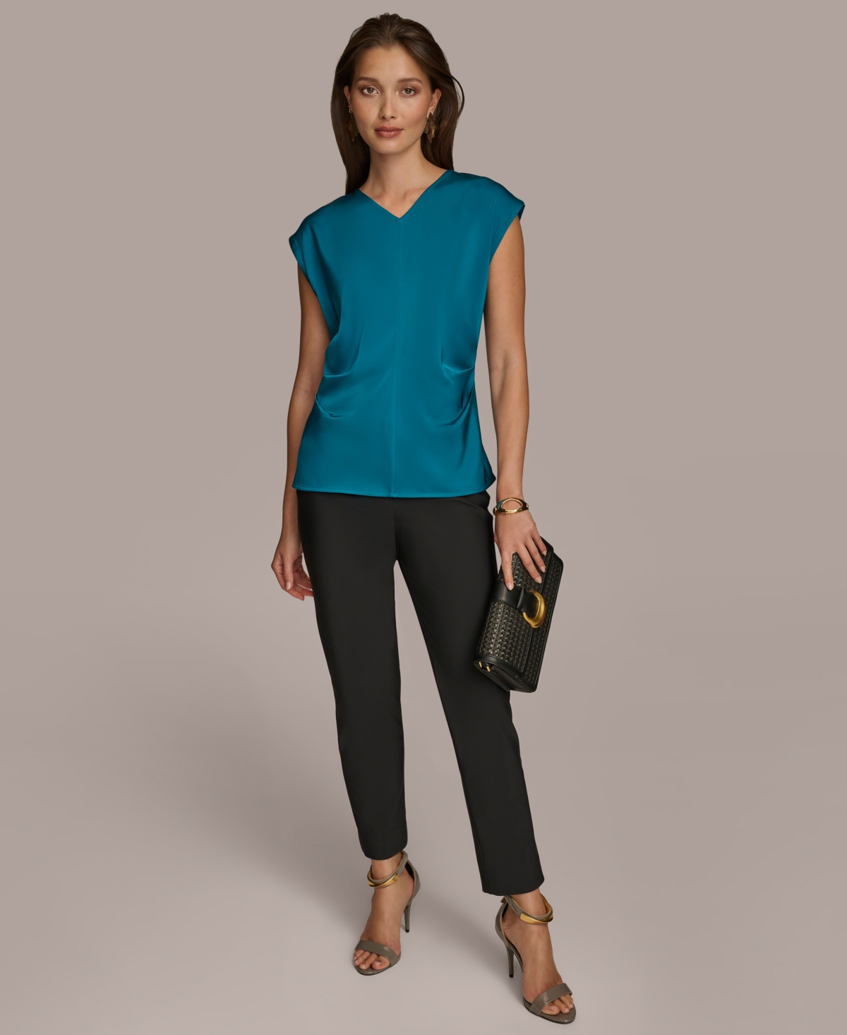 Donna Karan Women's Cap-Sleeve Ruched V-Neck Blouse