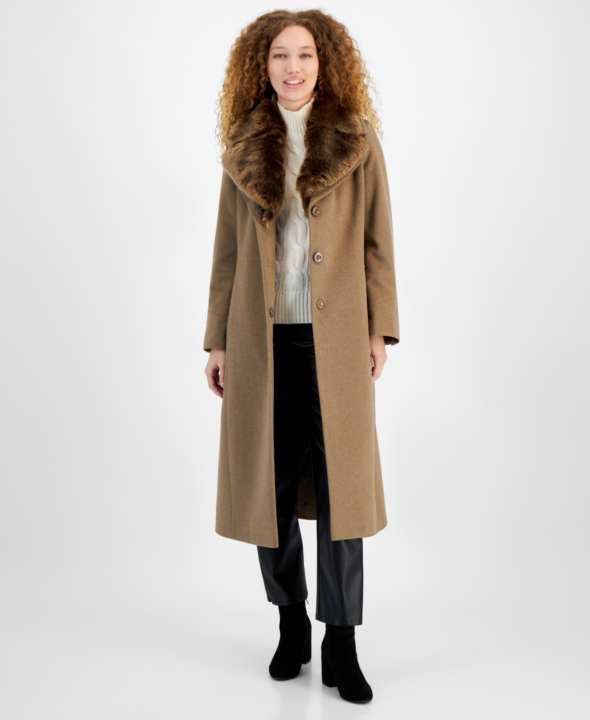 Women's Single-Breasted Faux-Fur-Collar Maxi Coat - Truffle