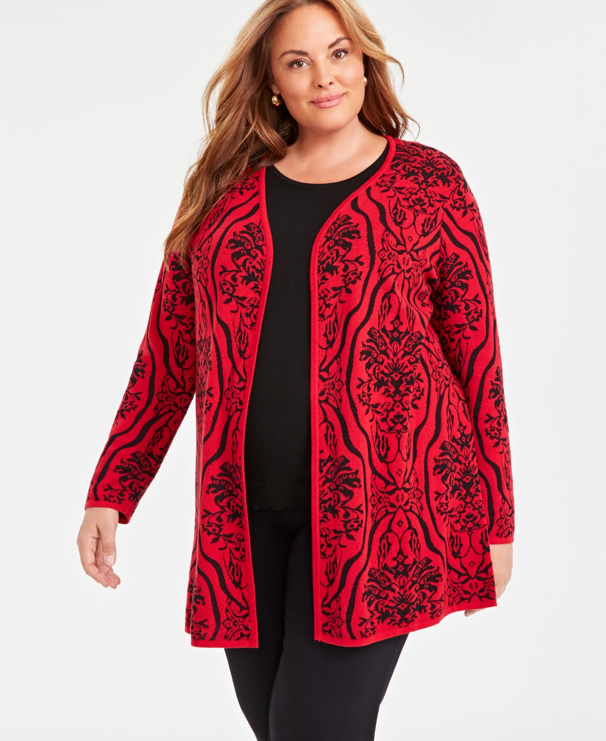 JM COLLECTION PLUS SIZE BAROQUE JACQUARD OPEN-FRONT CARDIGAN, CREATED FOR MACY'S 