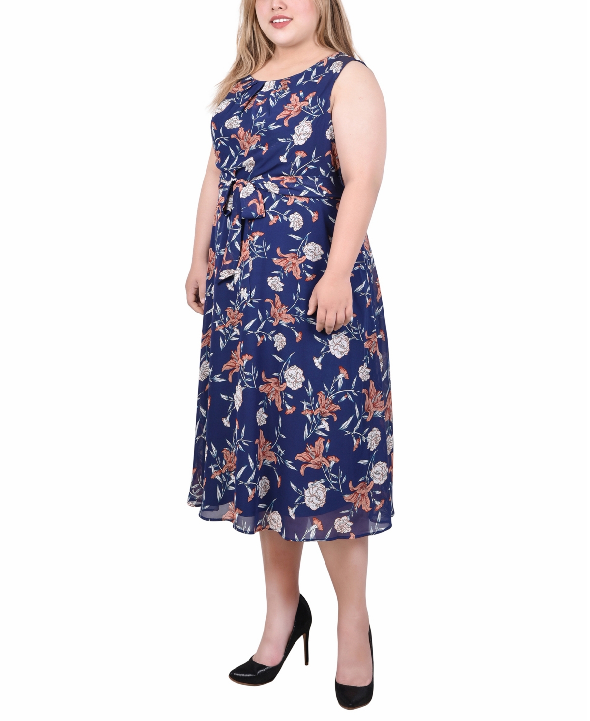 Ny Collection Petites Womens Chiffon Printed Midi Dress In Navy Floral