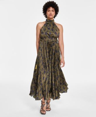 Taylor - Women's Floral Print Pleated Halter Maxi Dress