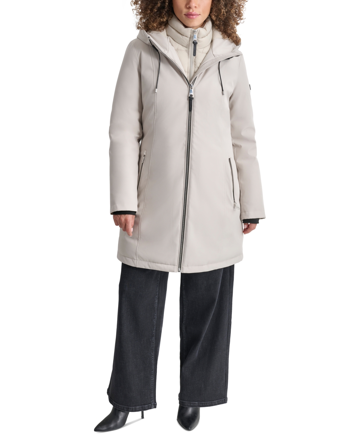 Shop Dkny Womens Hooded Bibbed Zip-front Puffer Coat In Vapor