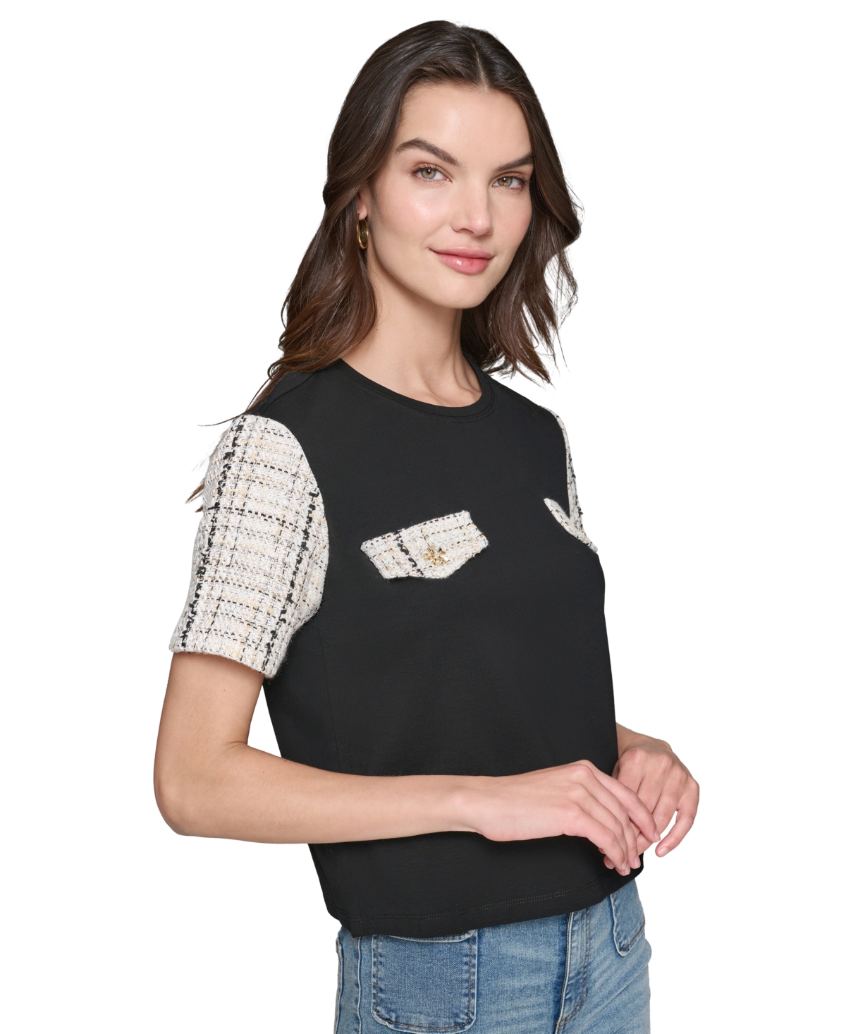 Karl Lagerfeld Paris Women's Short-Sleeve Tweed Pocket Top