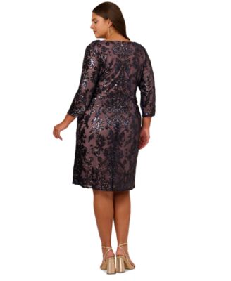 Adrianna Papell Plus Size Beaded V-Neck 3/4-Sleeve Sheath Dress
