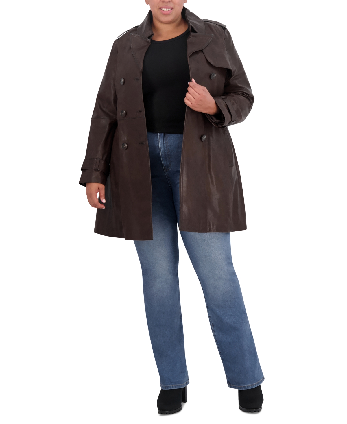 Tahari Womens Plus Size Natalie Belted Leather Trench Coat