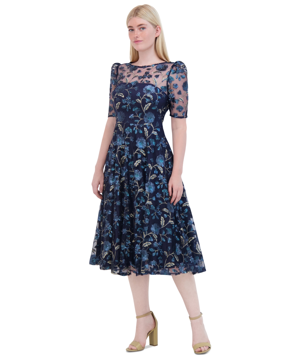Eliza J Women's Floral Sequin Puff-Sleeve Fit & Flare Dress