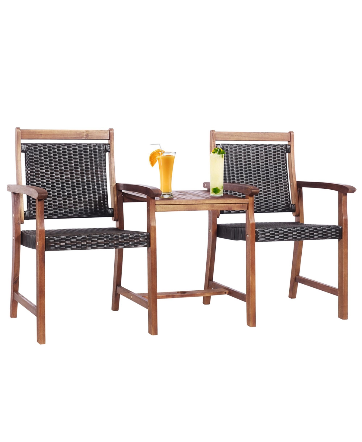 Patio Acacia Wood Conversation Companion Bench Loveseat Chair with Side Table - Brown