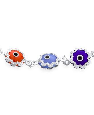 Protection Amulet Turkish Multi Color Charm Floral Round Flower Frame Evil Eyes Bracelet Sterling Silver 9 Inch