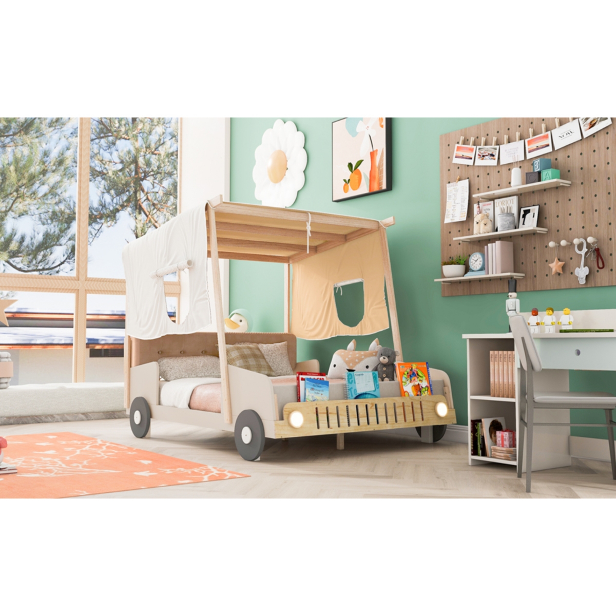 Simplie Fun Wood Full Size Car Bed With Pillow, Ceiling Cloth And Led