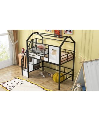 Metal Loft Bed With Roof Design And A Storage Box, Twin