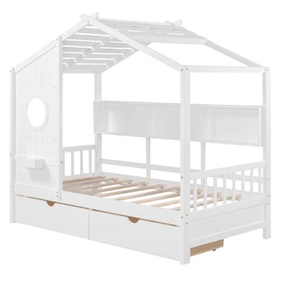Wooden Twin Size House Bed With 2 Drawers, Kids Bed With Storage Shelf