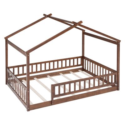 Streamdale Full Size Wood House Bed Frame with Fence, Natural