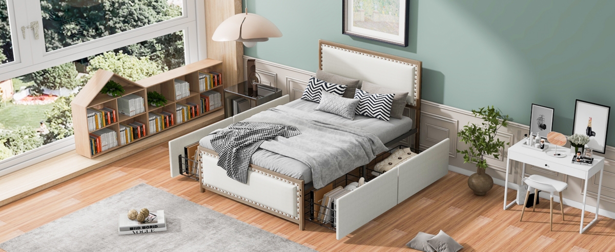 Streamdale Furniture Size Upholstered Platform Bed With Nailhead Decoration And 4 Drawers