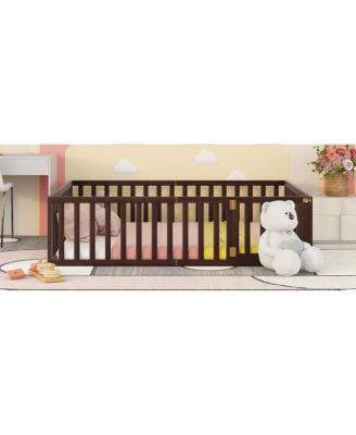 Queen Size Wood Floor Bed Frame With Fence And Door