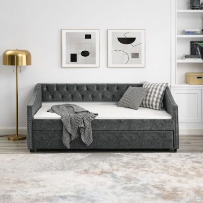 Tufted Upholstered Twin Daybed with Trundle, Grey