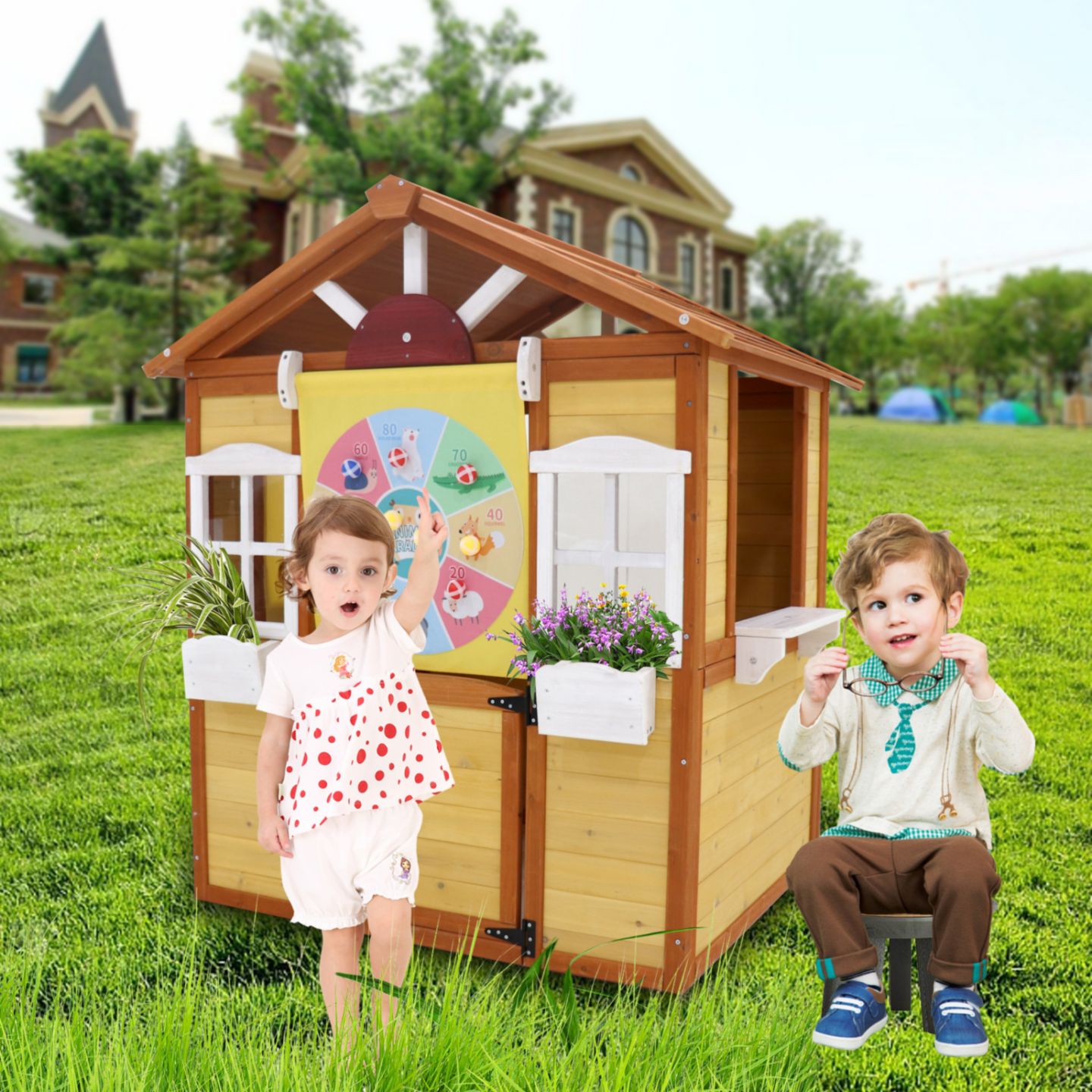 Детская игрушка Streamdale Furniture Outdoor Playhouse with Working Doors and Windows, Fir Wood, 39"L x 33.7"W x 50.9"H, Ages 3-8, цвет: Натуральный — фото 9