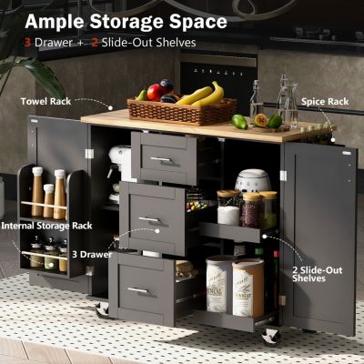 43"D MDF, Rubber Wood 3 Drawers, Slide-Out Shelves, Spice Rack, Wheels Kitchen Island Cart