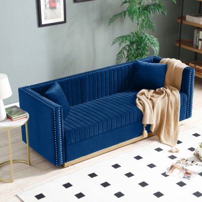 Modern Blue Velvet Sofa Loveseat Set With Pillows