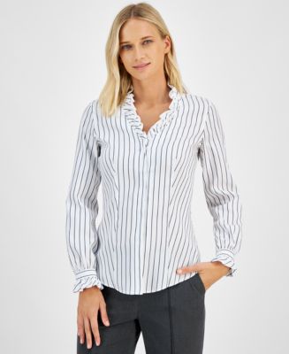 White Blue Striped Ocean deals Theme Ruffled Button Down Blouse