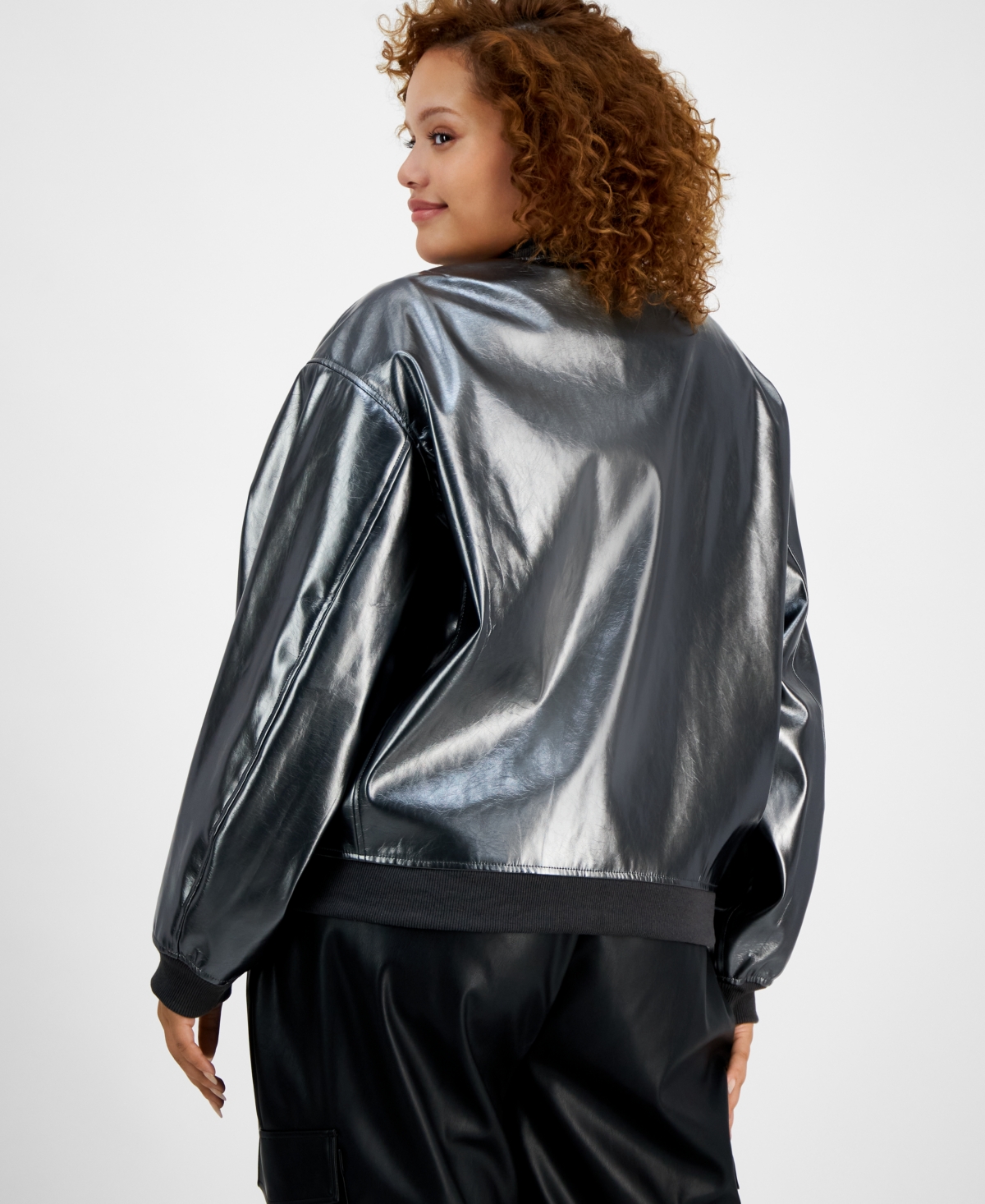 Bar Iii Trendy Plus Size Foil Faux-Leather Bomber Jacket, Created for Macy's