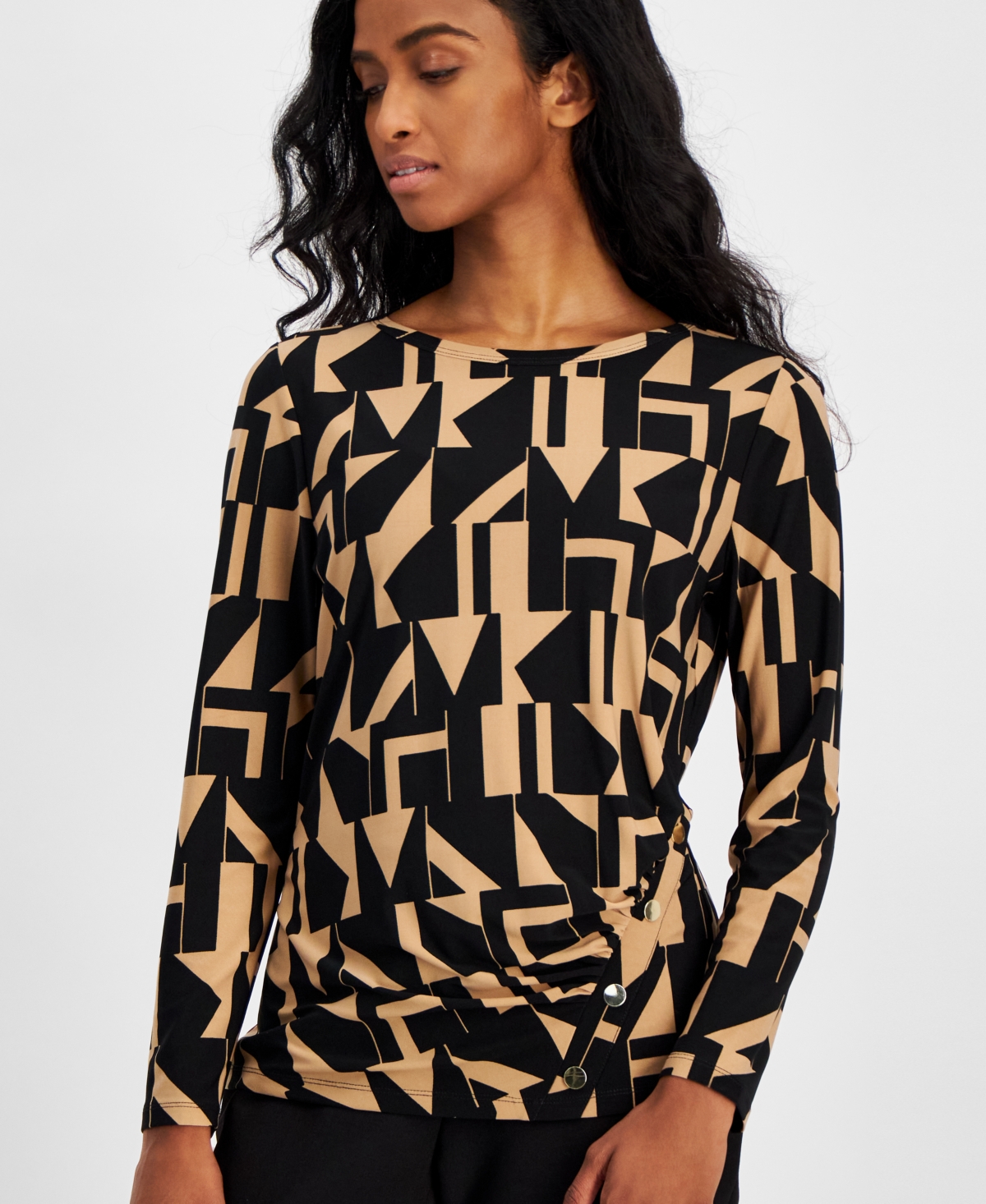 Ak Anne Klein Petite Geometric-Print Long-Sleeve Top
