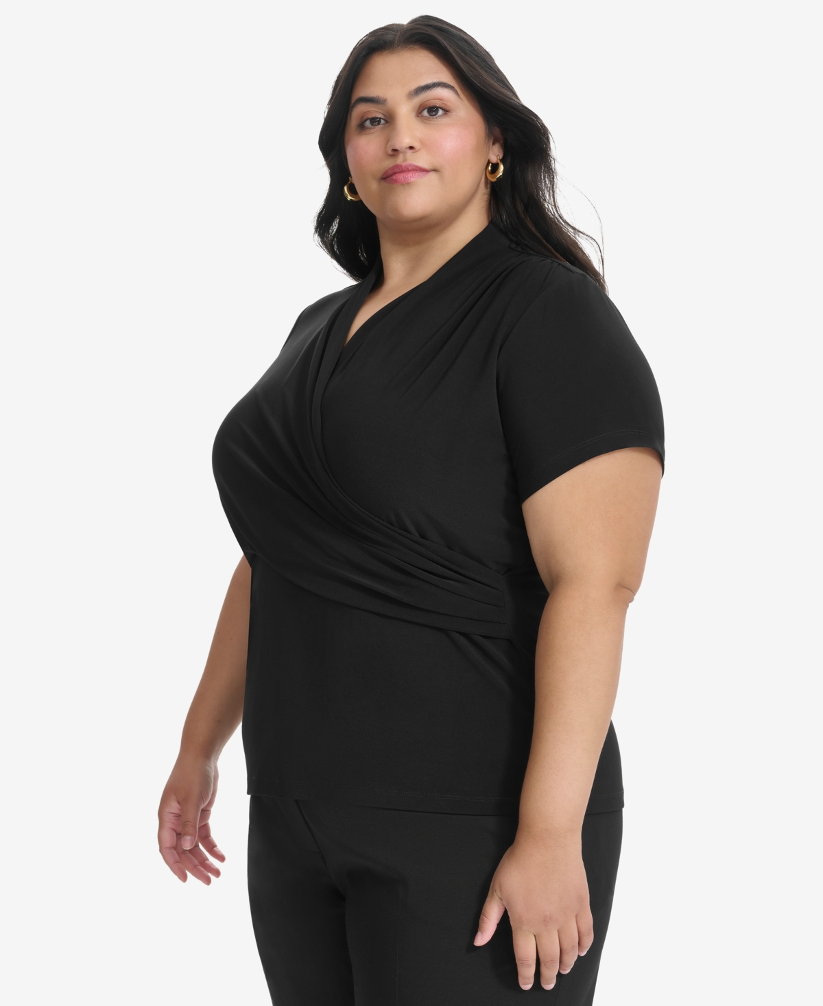 Dkny Plus Size Short-sleeve Faux-wrap Top In Black