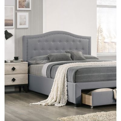 Light Grey Twin Bed with Drawer Storage & Button Tufted Headboard