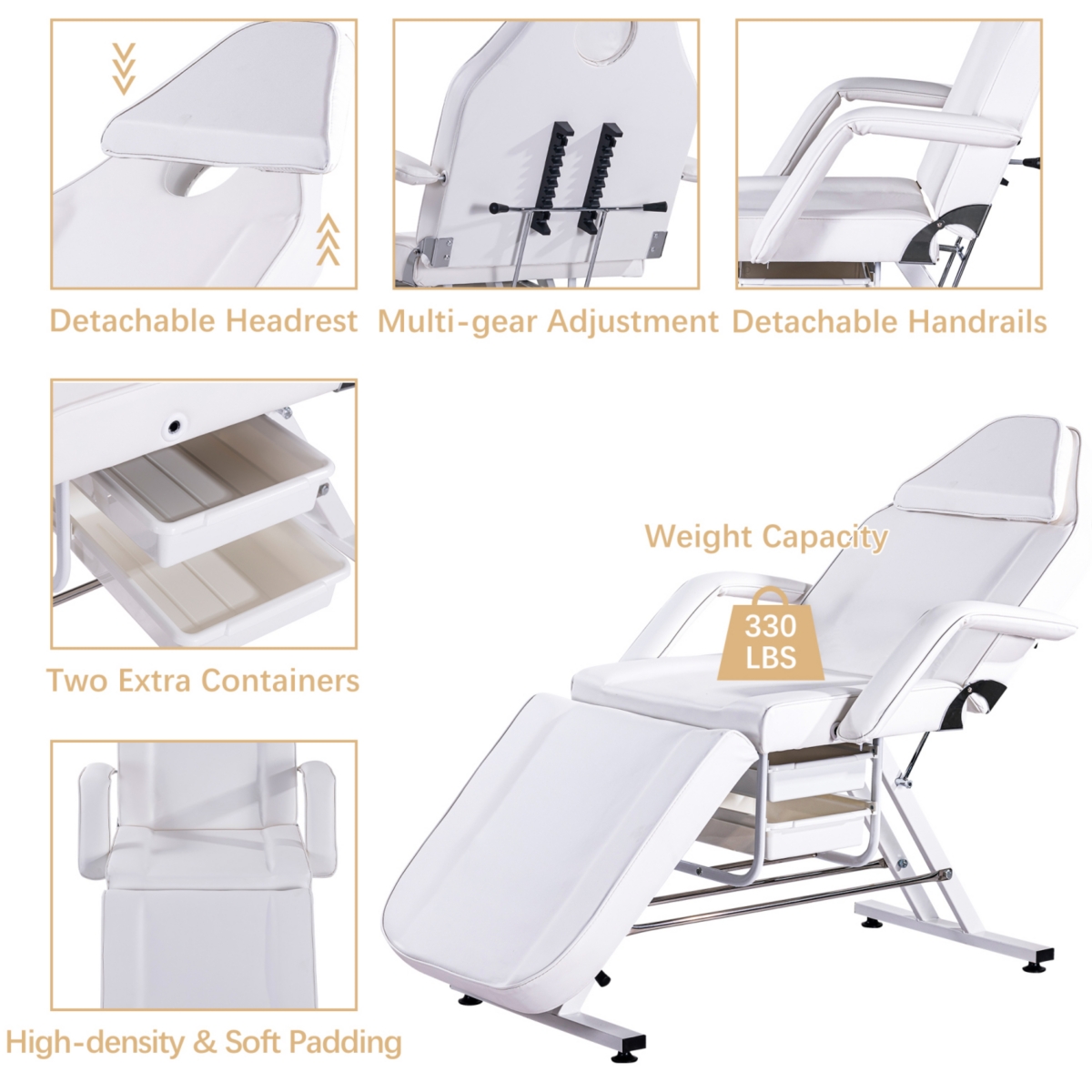Streamdale Furniture Massage Salon Tattoo Chair with Two Trays Esthetician Bed with Hydraulic Stool, Multi-Purpose 3-Section Facial Bed Table, Adjusta