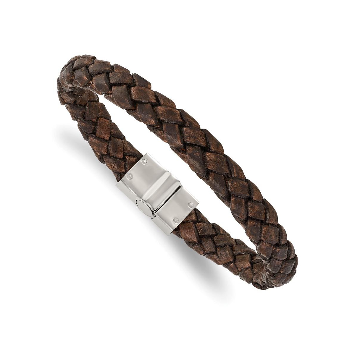 Stainless Steel Polished Brown Woven Leather Bracelet