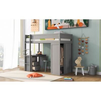  Wood Twin Size Loft Bed With Wardrobes And 2-Drawer Desk With Cabinet